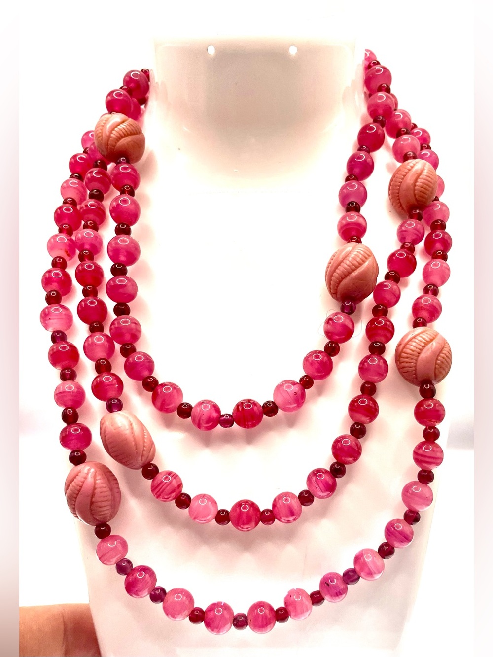 Vintage Long Pink Glass Beaded Necklace Molded Acrylic Accent Beads 44”
